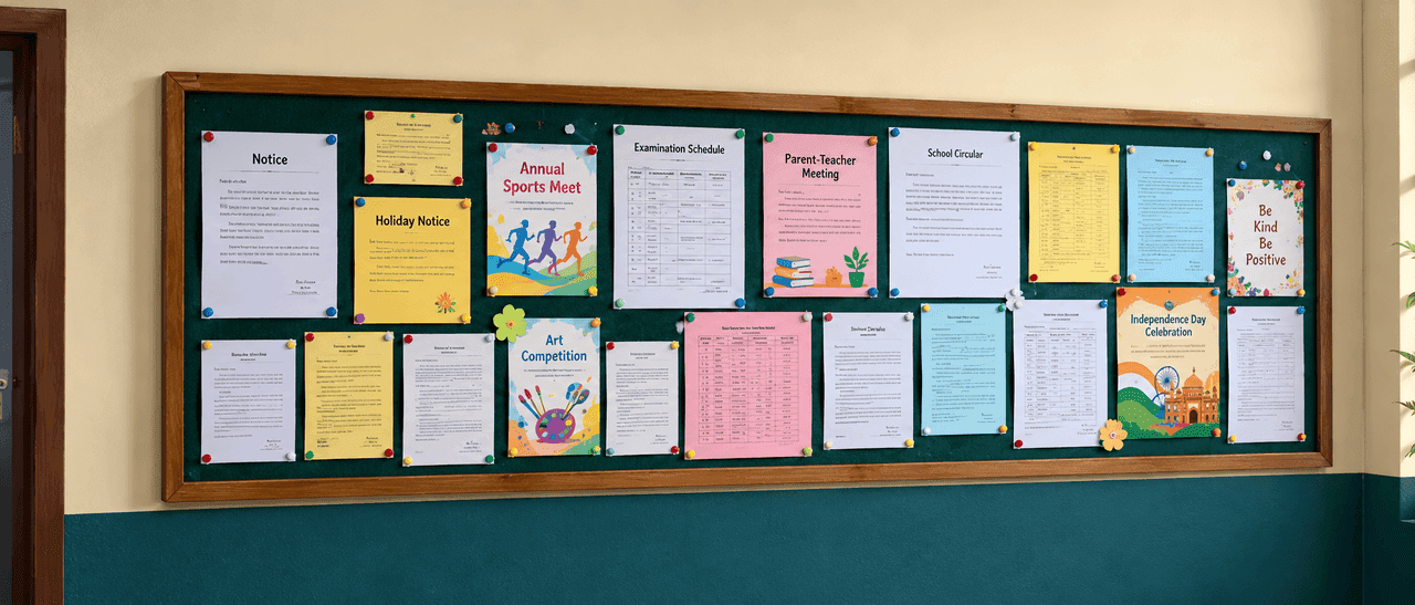 A school notice board covered with notices and posters