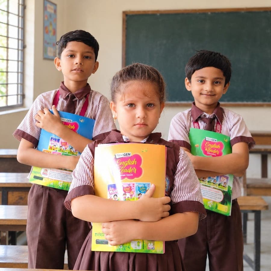 Three students holding their English reader books in a classroom
