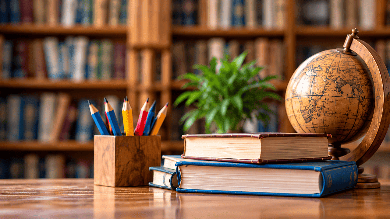 Books, pencils and a globe on a study table