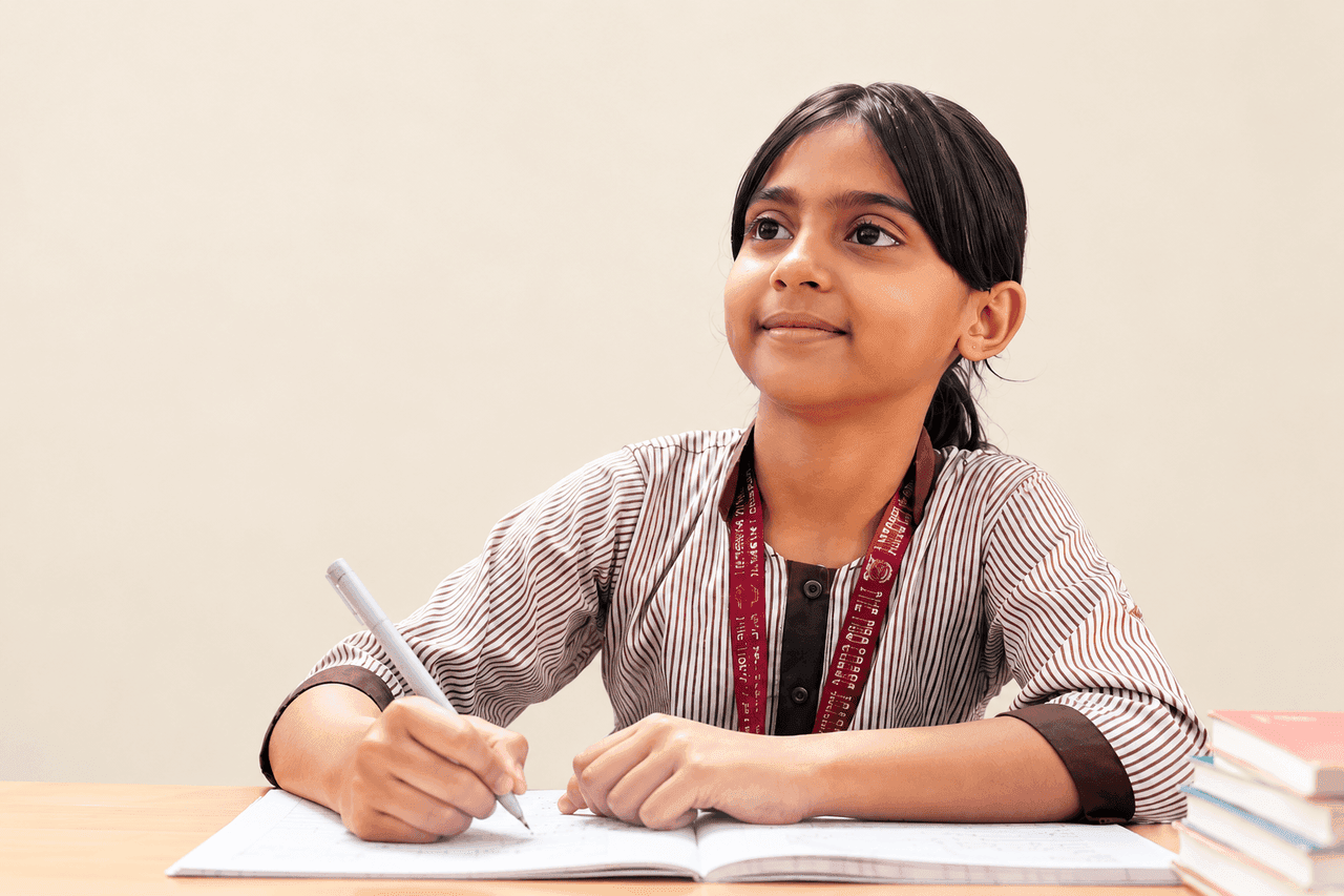 A student writing in her notebook at a desk