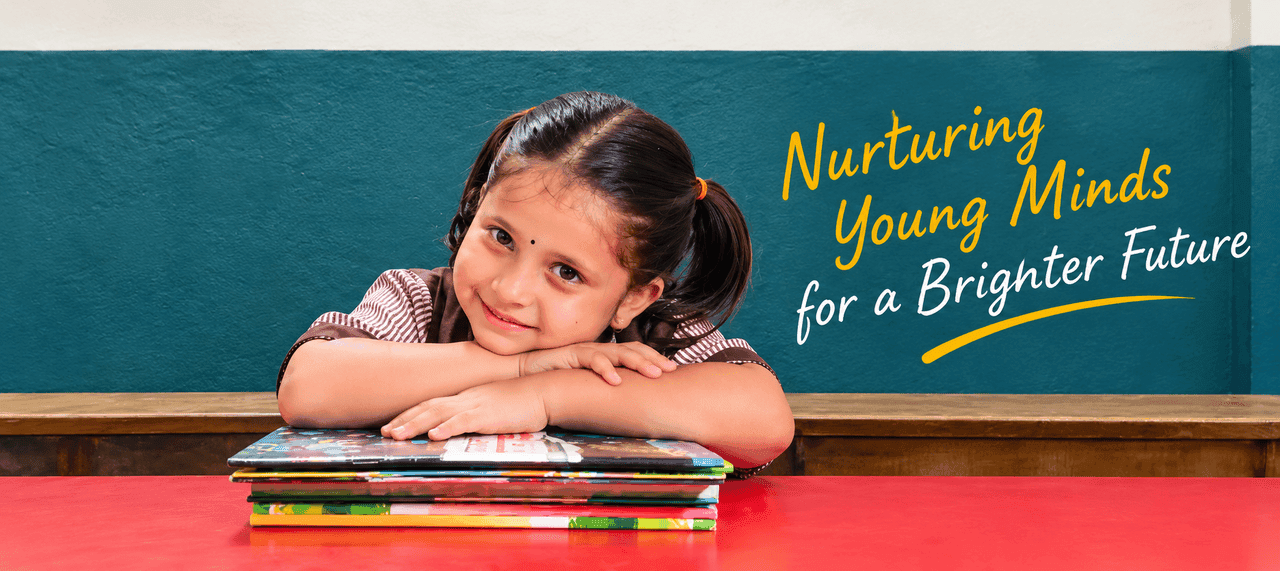 A student resting on a stack of books, with the words “Nurturing Young Minds for a Brighter Future”
