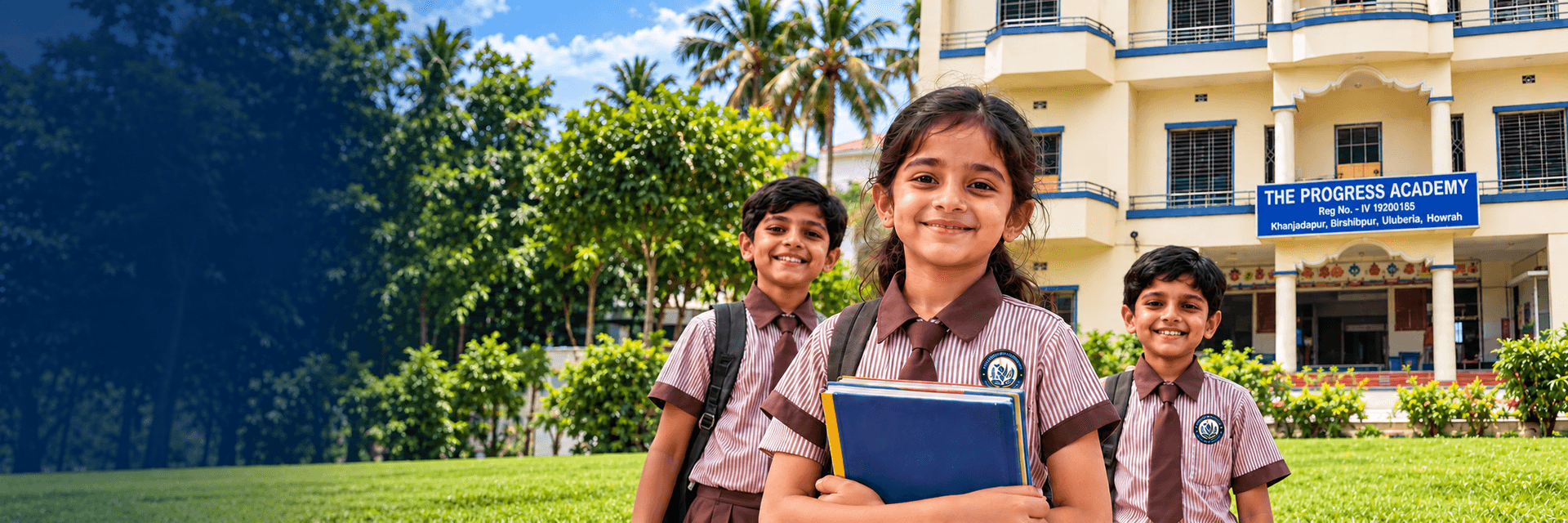 Students of The Progress Academy in front of the school building